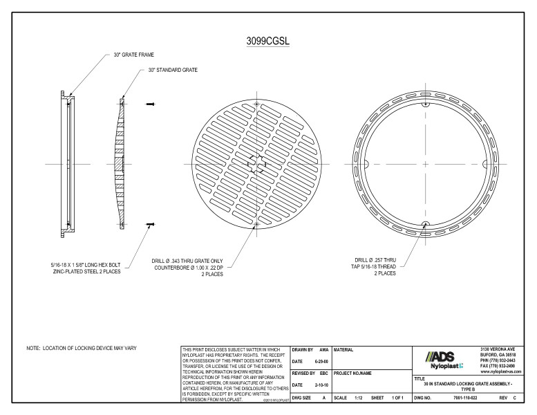 30" Standard Locking Grate Assembly Nyloplast Detail