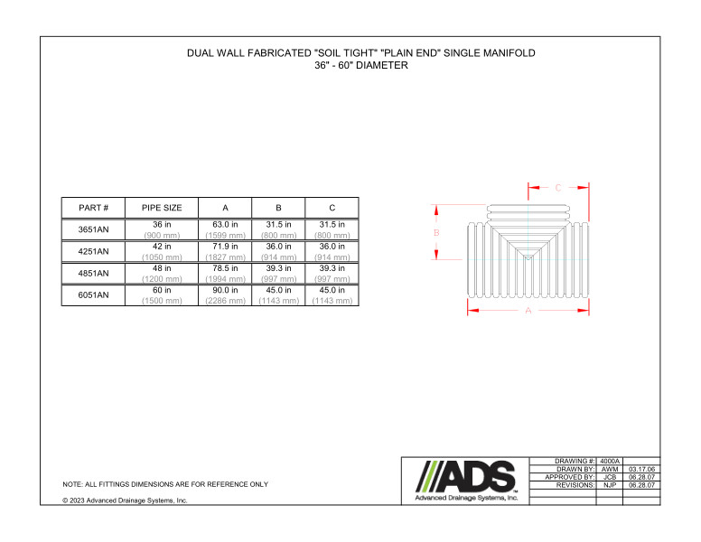 36"-60" Fabricated Soil Tight Plain End Single Manifolds (HDPE Dual Wall Fabricated Manifolds Fittings)