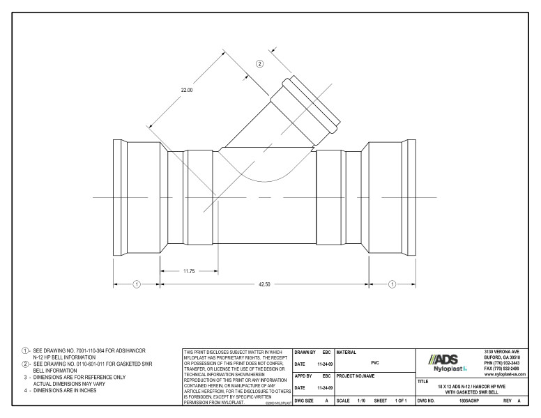 18 x 12 HP Wye with Gasketed SWR Bell Nyloplast Detail