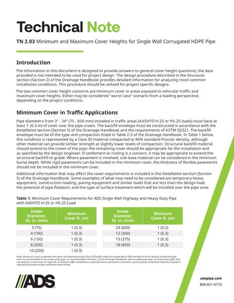 TN 2.03 Minimum and Maximum Cover Heights for Single Wall HDPE Pipe