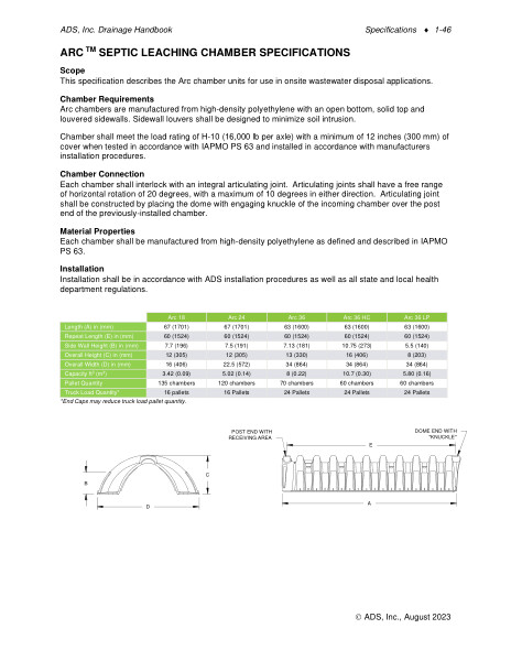 Arc Septic Leaching Chamber Specification