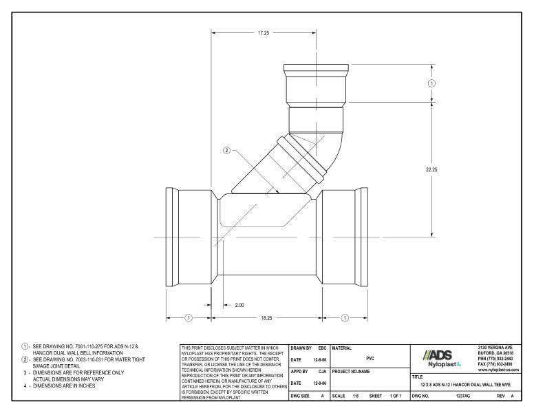 12 x 8 N-12 Dual Wall Tee Wye Nyloplast Detail