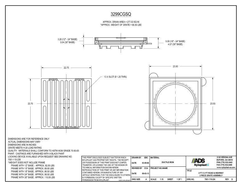 2' x 2' Road & Highway 2 Piece Grate Assembly Nyloplast Detail