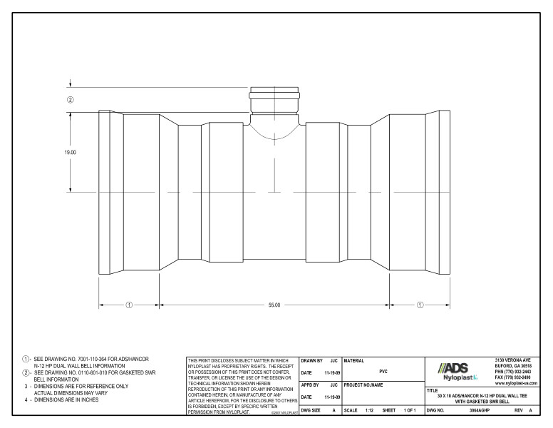 30 x 10 HP Tee with Gasketed SWR Bell Nyloplast Detail