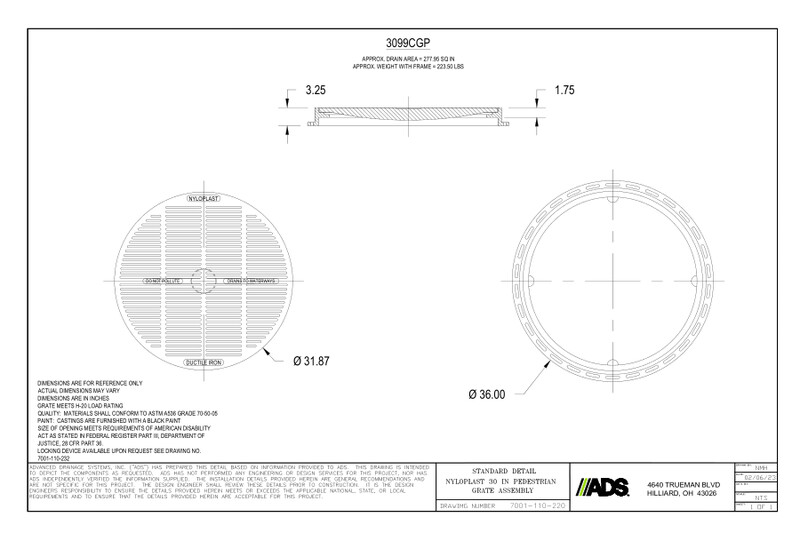 30" Pedestrian Grate Assembly Nyloplast Detail