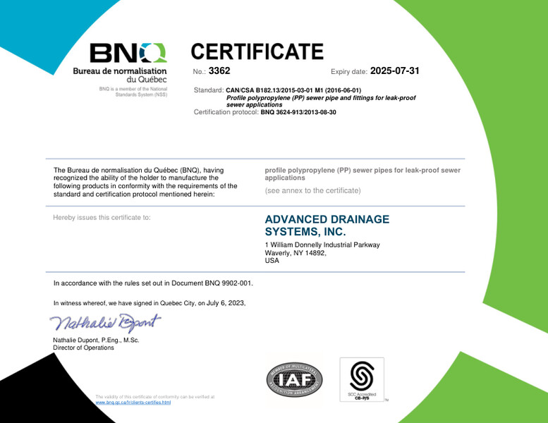 BNQ 3624-913 Profile Polypropylene Pipe and Fittings CERTIFICATE