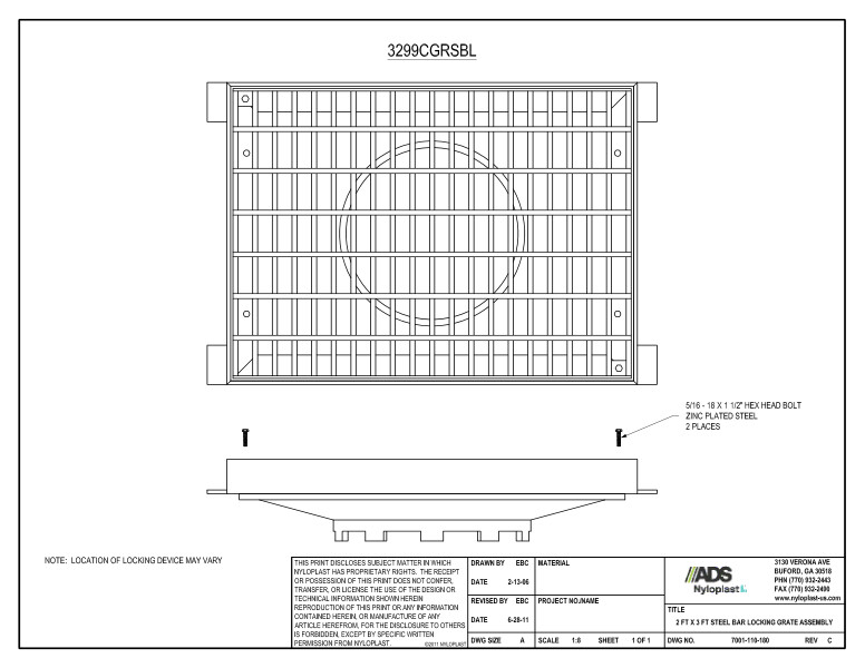 2' x 3' Steel Bar Locking Grate Assembly Nyloplast Detail