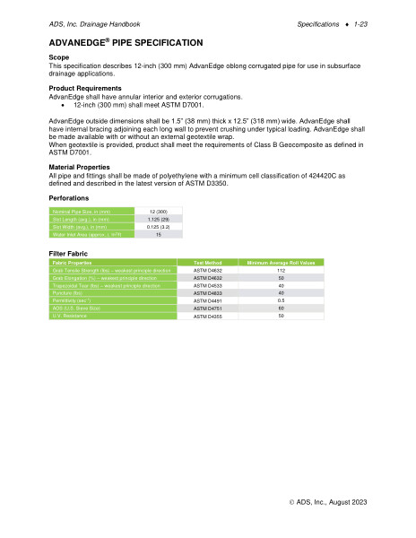 AdvanEdge Pipe Specification