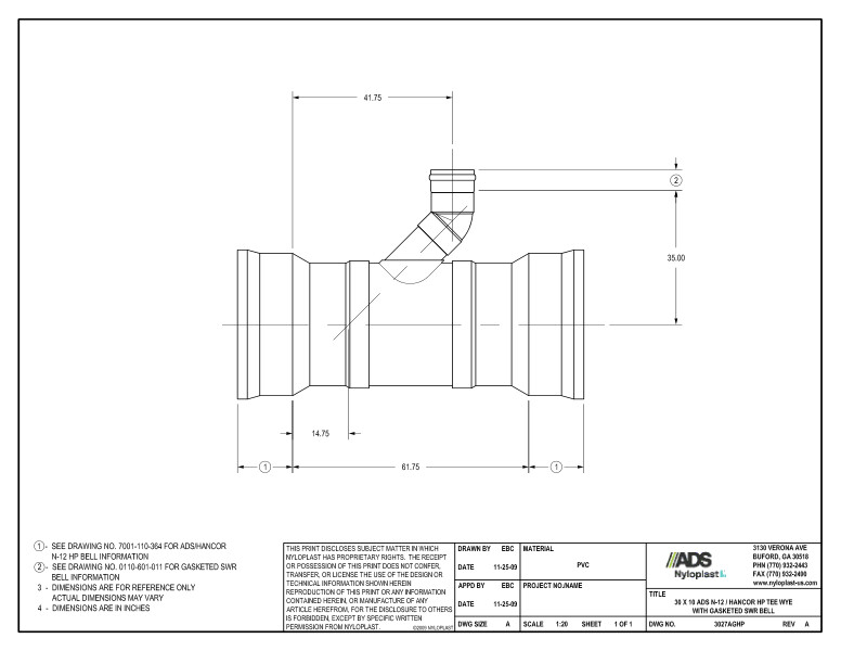 30 x 10 HP Tee Wye with Gasketed SWR Bell Nyloplast Detail