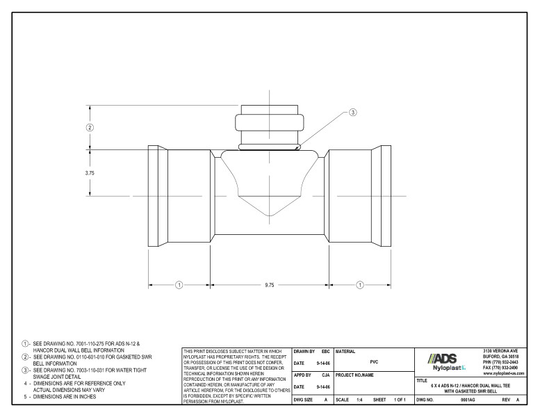 6 x 4 N-12 Dual Wall Tee with Gasketed SWR Bell Nyloplast Detail