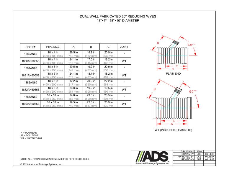 18" x 4" - 18" x 10" Fabricated 60 Degree Reducing Wyes (HDPE Dual Wall Fabricated  Wyes Fittings)