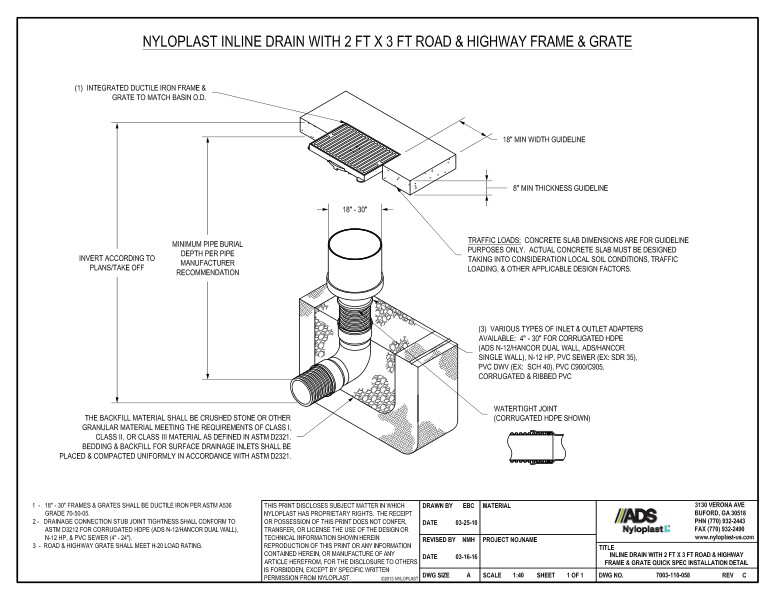 Inline Drain with 2' x 3' Road & Highway Frame & Grate Quick Spec Installation Nyloplast Detail