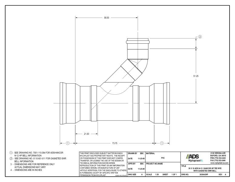 30 x 18 HP Tee Wye with Gasketed SWR Bell Nyloplast Detail