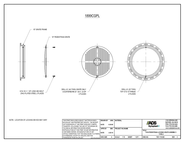 18" Pedestrian Locking Grate Assembly Nyloplast Detail 