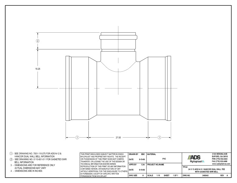 24 x 15 N-12 Dual Wall Tee with Gasketed SWR Bell Nyloplast Detail