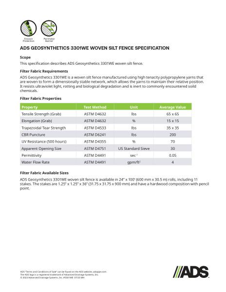 3301WE Woven Silt Fence Geosynthetic Specification