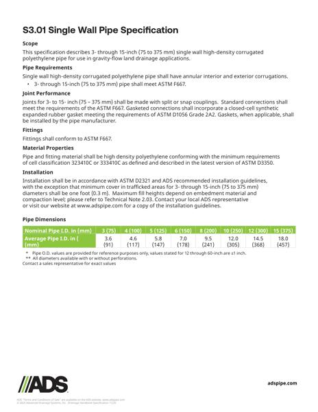 S3.01 Single Wall Pipe Specification