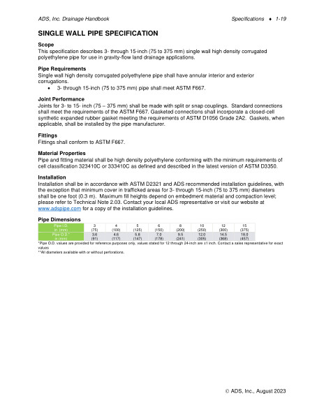 Single Wall Pipe Specification