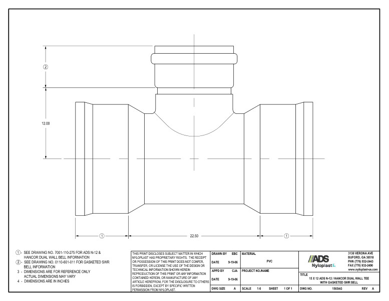 15 x 12 N-12 Dual Wall Tee with Gasketed SWR Bell Nyloplast Detail