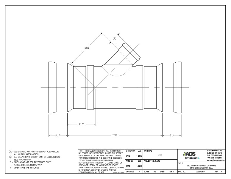 30 x 15 HP Wye with Gasketed SWR Bell Nyloplast Detail