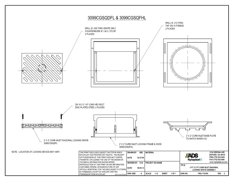 2' x 2' Curb Inlet Diagonal Locking Grate Assembly Nyloplast Detail