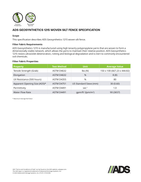 1215 Woven Silt Fence Geosynthetic Specification
