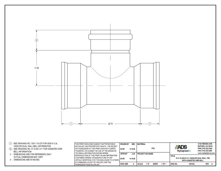 18 x 18 N-12 Dual Wall Tee with Gasketed SWR Bell Nyloplast Detail