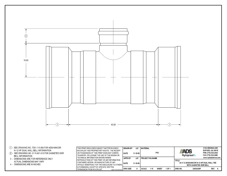 24 x 12 HP Tee with Gasketed SWR Bell Nyloplast Detail