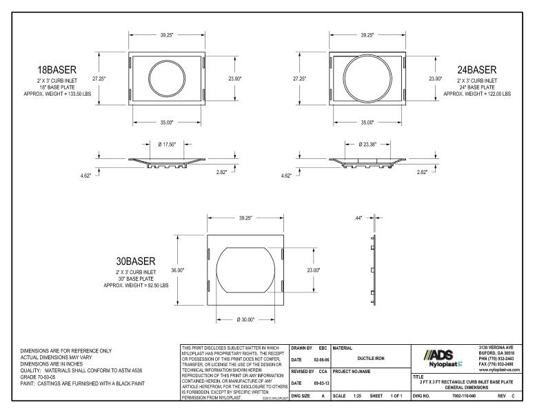 2' x 3' Rectangle Curb Inlet Base Plate General Dimensions Nyloplast Detail