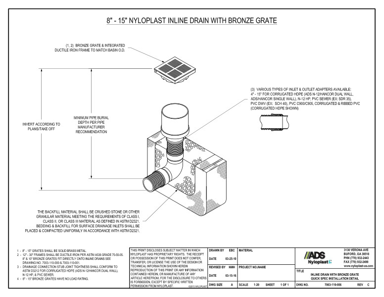 Inline Drain With Bronze Grate Quick Spec Installation Nyloplast Detail