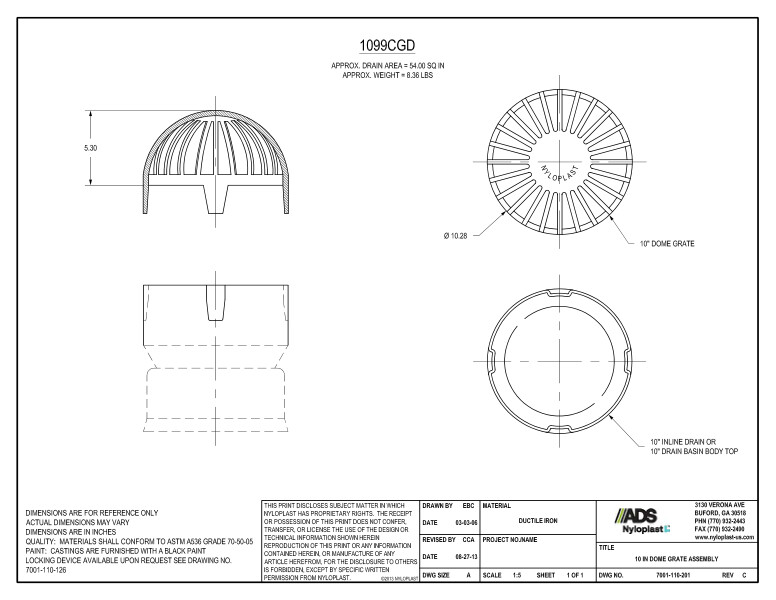 10" Dome Grate Assembly (Inline Drain) Nyloplast Detail