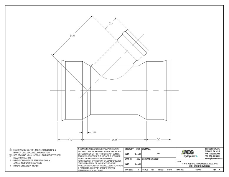 18 x 10 N-12 Dual Wall Wye with Gasketed SWR Bell Nyloplast Detail