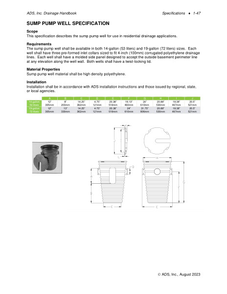 Sump Pump Well Specification