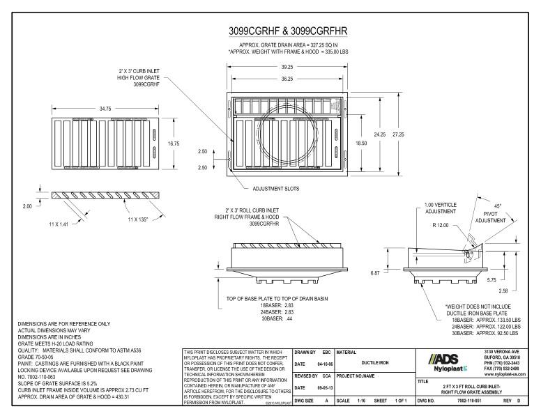 2' x 3' Roll Curb Inlet - Right Flow Grate Assembly Nyloplast Detail