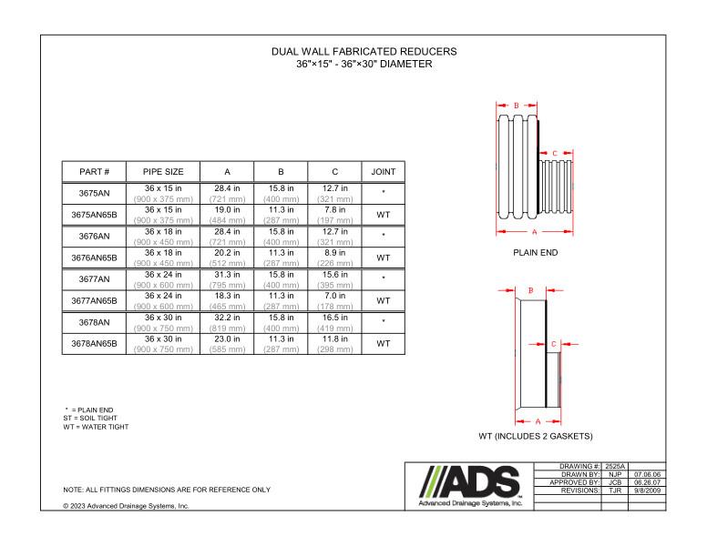36" x 15" - 36" x 30" Fabricated Reducers (HDPE Dual Wall Fabricated Reducers Fittings)