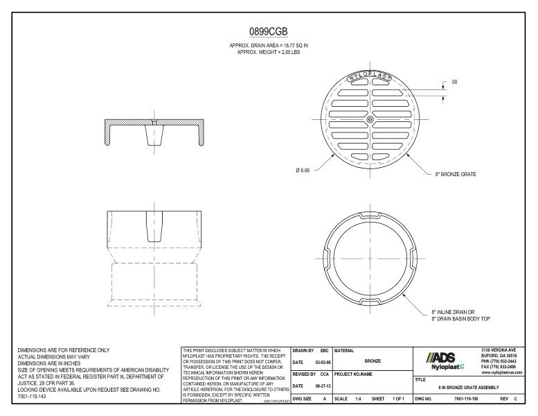 8" Bronze Grate Assembly (Inline Drain) Nyloplast Detail