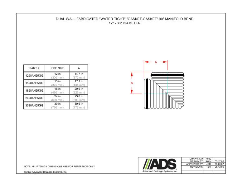 12" - 30" Fabricated Water Tight Gasket-Gasket 90 Degree Manifold Bends (HDPE Dual Wall Fabricated Manifolds Fittings)