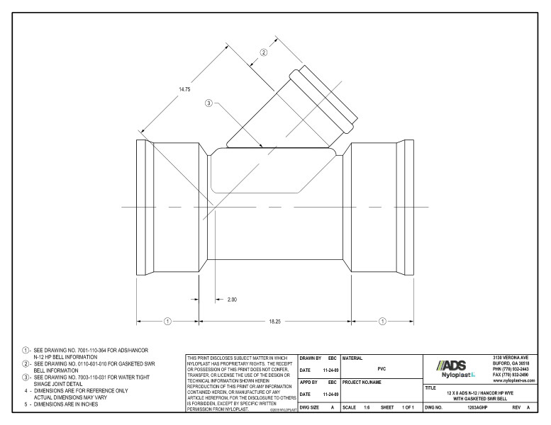 12 x 8 HP Wye with Gasketed SWR Bell Nyloplast Detail