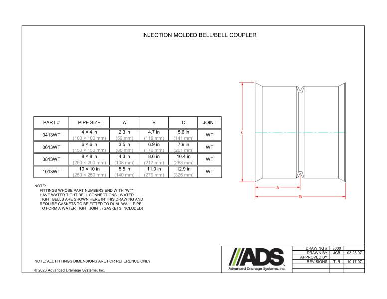 4" x 4" - 6" x 6" - 8" x 8" - 10" x 10"  Injection Molded Bell/Bell Couplers (HDPE Dual Wall Injection Molded Couplers Fittings)