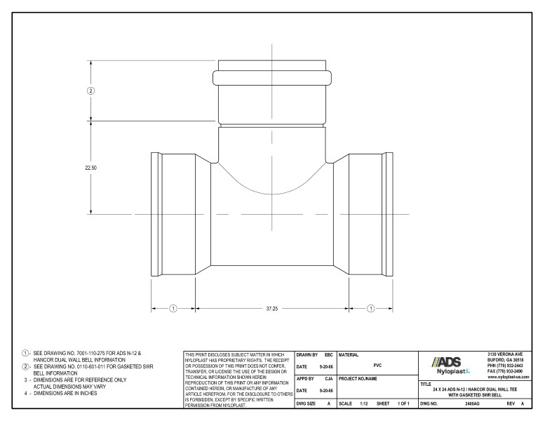 24 x 24 N-12 Dual Wall Tee with Gasketed SWR Bell Nyloplast Detail