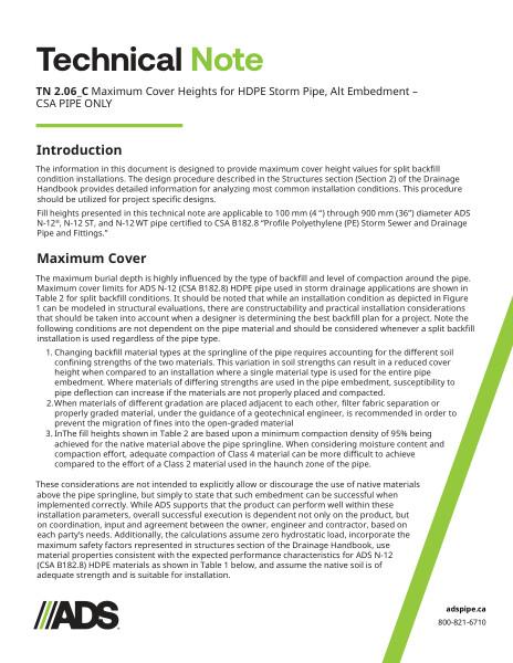 TN 2.06_C Maximum Cover Heights for HDPE Storm Pipe, Alt. Embedment – CSA PIPE ONLY
