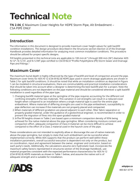 TN 2.06_C Maximum Cover Heights for HDPE Storm Pipe, Alt. Embedment – CSA PIPE ONLY