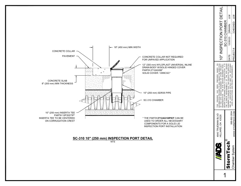 SC-310 10" (250 mm) StormTech Inspection Port Detail