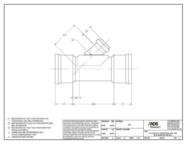 8 x 4 N-12 Dual Wall Wye with Gasketed SWR Bell Nyloplast Detail