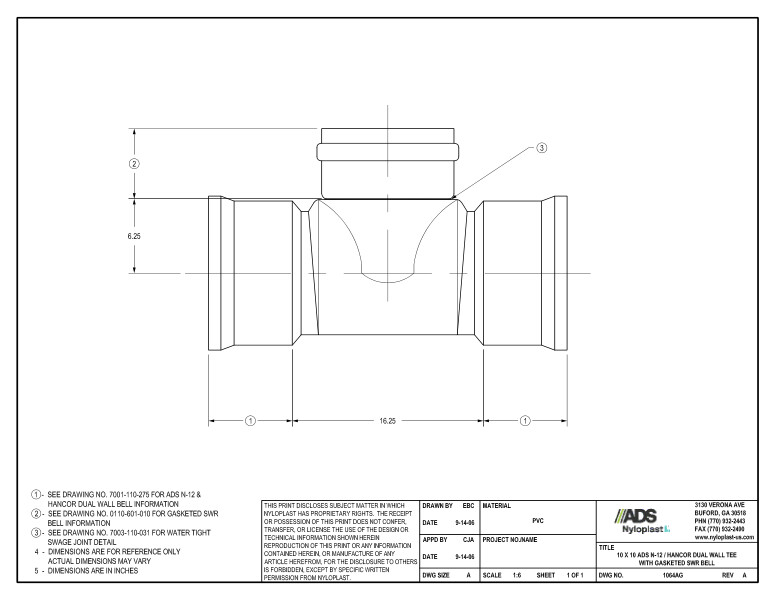 10 x 10 N-12 Dual Wall Tee with Gasketed SWR Bell Nyloplast Detail