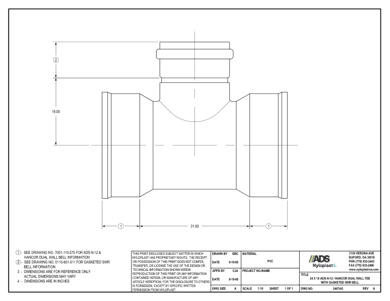 24 x 18 N-12 Dual Wall Tee with Gasketed SWR Bell Nyloplast Detail