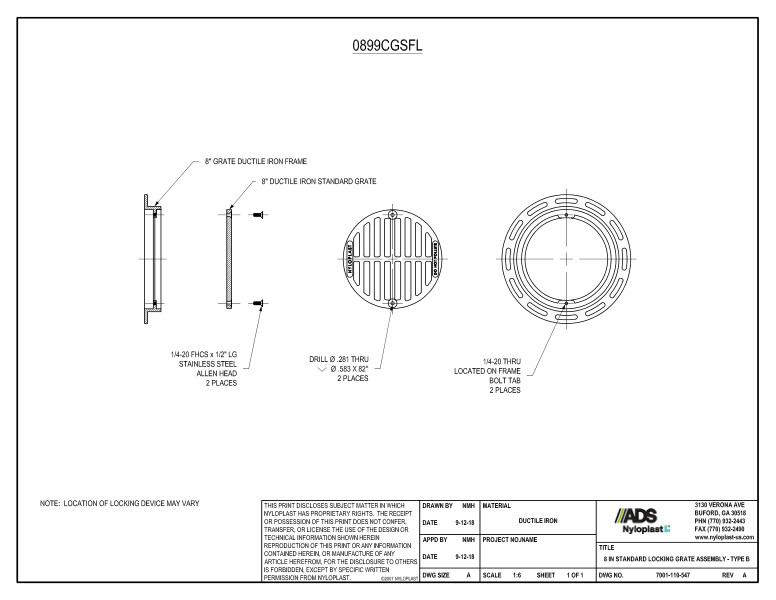 8" Standard Locking Grate Assembly (Drain Basin) Nyloplast Detail