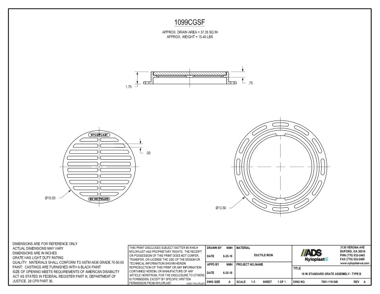 10" Standard Grate Assembly (Drain Basin) Nyloplast Detail