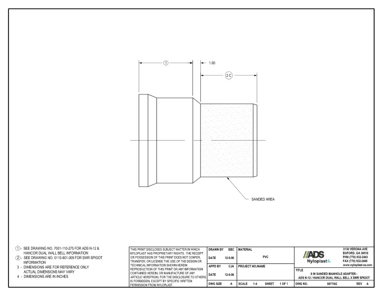 8" Sanded Manhole Adapter - N-12 Dual Wall Bell x SWR Spigot Nyloplast Detail