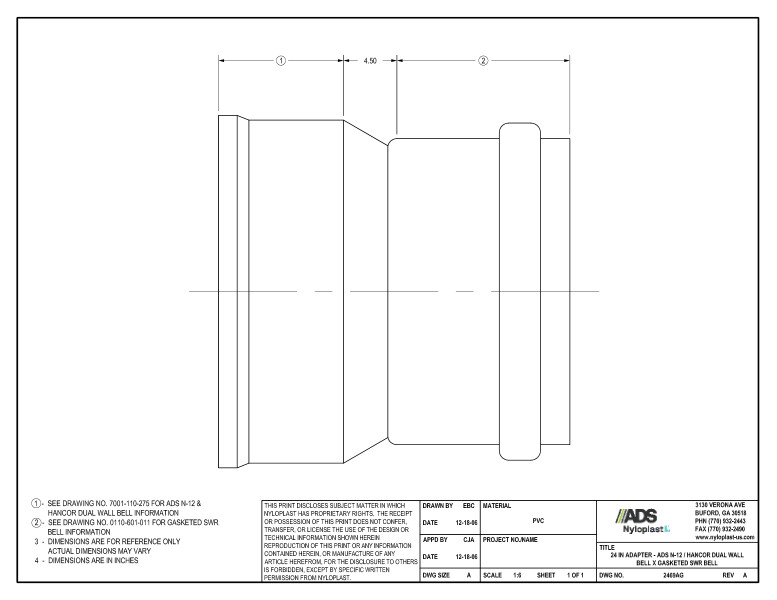 24" Adapter - N-12 Dual Wall Bell x Gasketed SWR Bell Nyloplast Detail